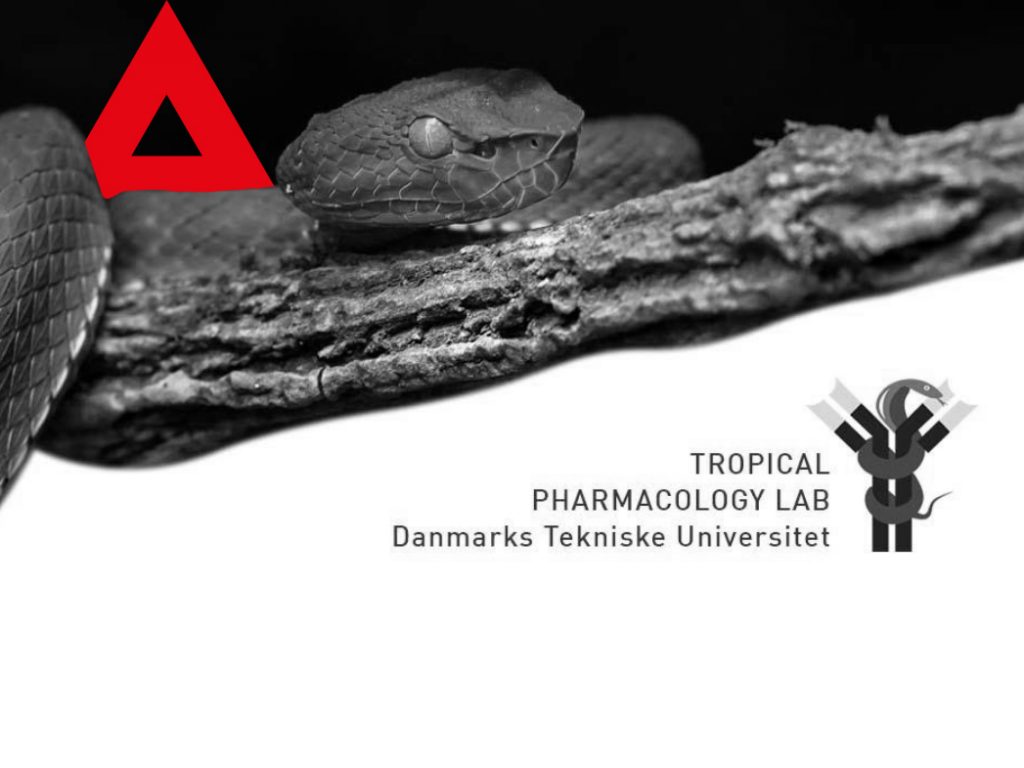 Ein Schwarz-Weiß-Foto einer Schlange auf einem Ast mit der Aufschrift Tropical Pharmacology Lab.