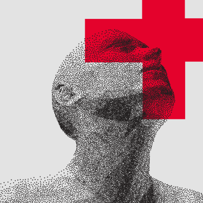 Der Kopf eines illustrierten Mannes mit einem roten Kreuz darauf.