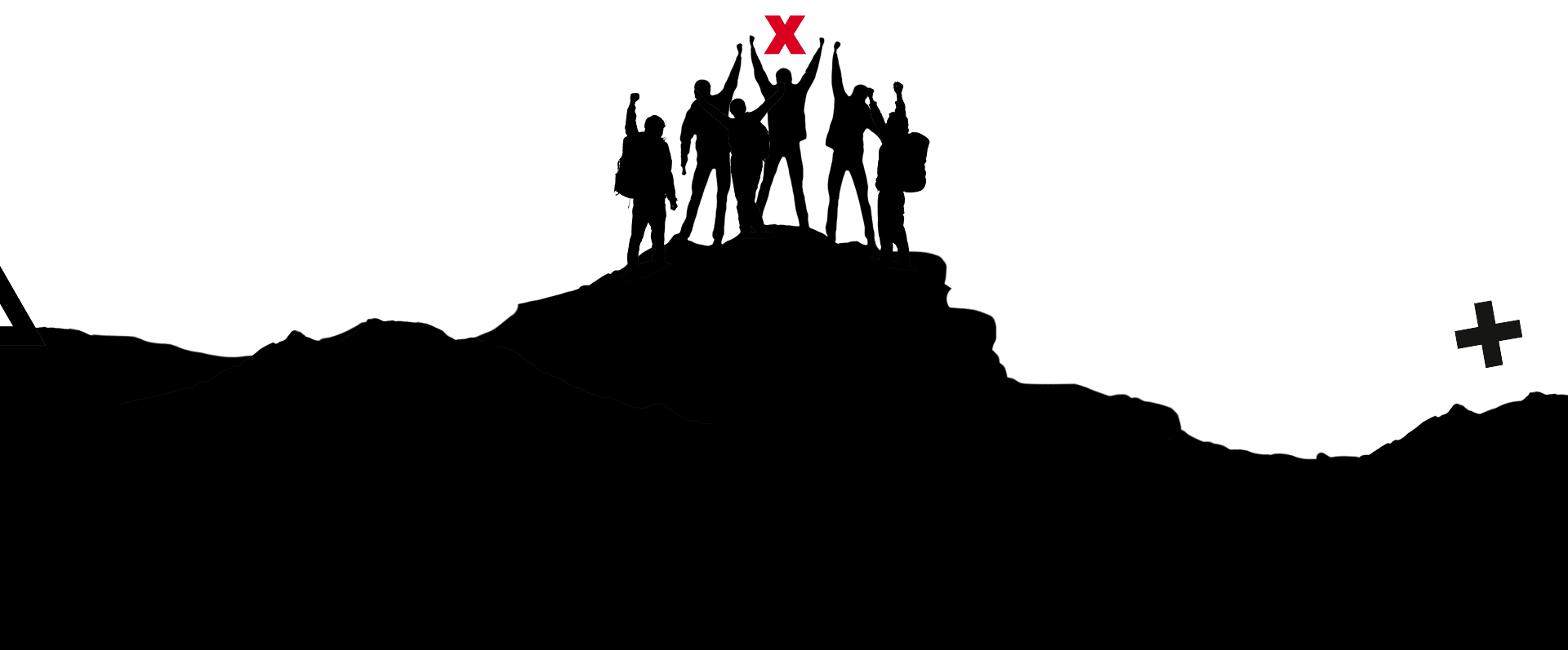Eine Silhouette von Menschen, die auf einem Berg stehen und einen gemeinsamen BCxP-Teamerfolg feiern.