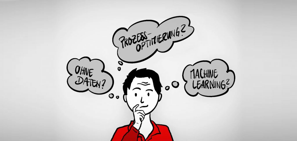 Eine Karikatur eines Mannes mit einer Gedankenblase über seinem Kopf. In den Sprechblasen stehen Prozessoptimierung, Machine Learning, Ohne Daten?