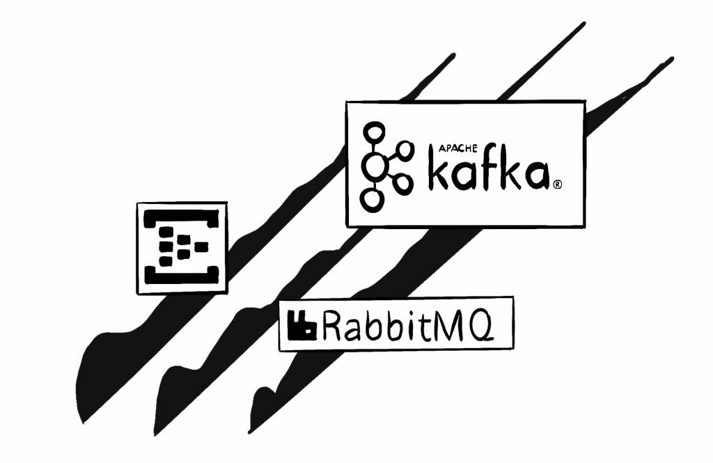 Ein Schwarz-Weiß-Bild der Logos für Kafka und Rabbitmq.
