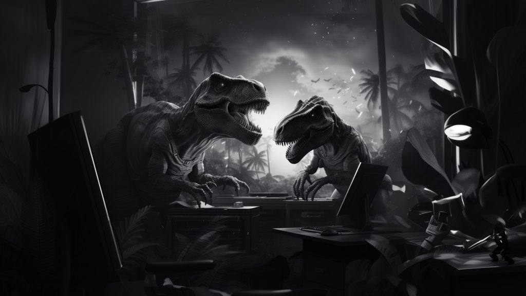 Ein Schwarz-Weiß-Bild von zwei Dinosauriern, die vor Computern stehen.