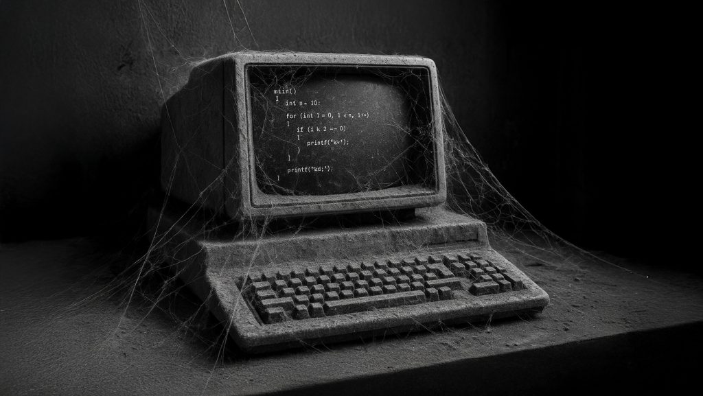 Ein alter, verstaubter Röhrencomputer, komplett von Spinnweben überzogen. Auf dem dunklen Bildschirm ist ein kurzes C-Code-Snippet zu sehen. Die Szene wirkt verlassen und wirkt wie ein Symbol für veraltete Technik.