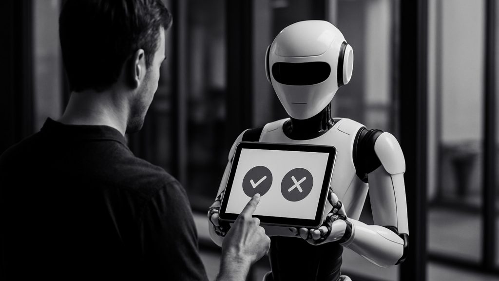 Ein Mensch interagiert mit einem humanoiden Roboter, der ein Tablet mit den Symbolen für richtig (Haken) und falsch (Kreuz) zeigt. Der Mensch tippt auf das Display – Symbolbild für menschliches Feedback an KI.