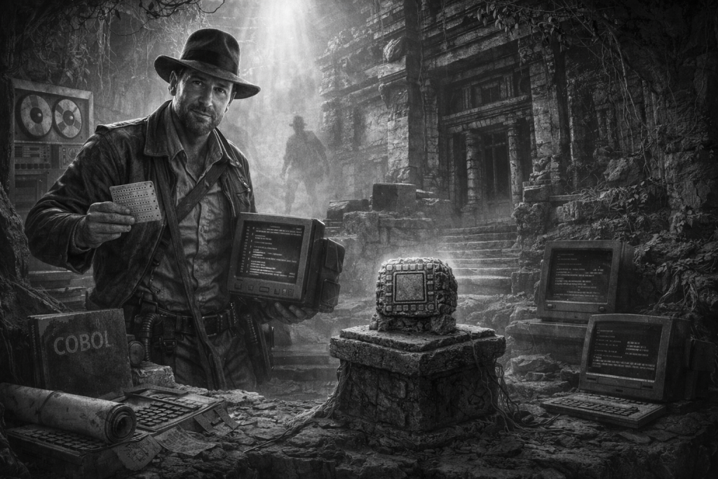 Ein Forscher mit Filzhut hält eine Lochkarte und einen alten Monitor in einer alten Tempelruine, umgeben von alten Computern und Kabeln.