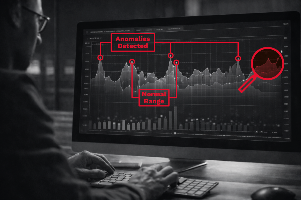 Eine Person verwendet einen Computer, der ein Diagramm mit beschrifteten Bereichen anzeigt: