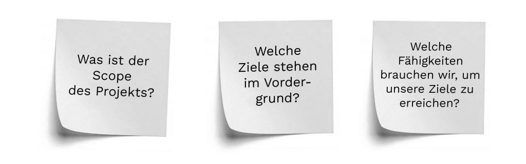 Drei Haftnotizen mit deutschem Text, auf denen folgende Fragen stehen: Projektumfang, Hauptziele und erforderliche Fähigkeiten zur Erreichung der Ziele.