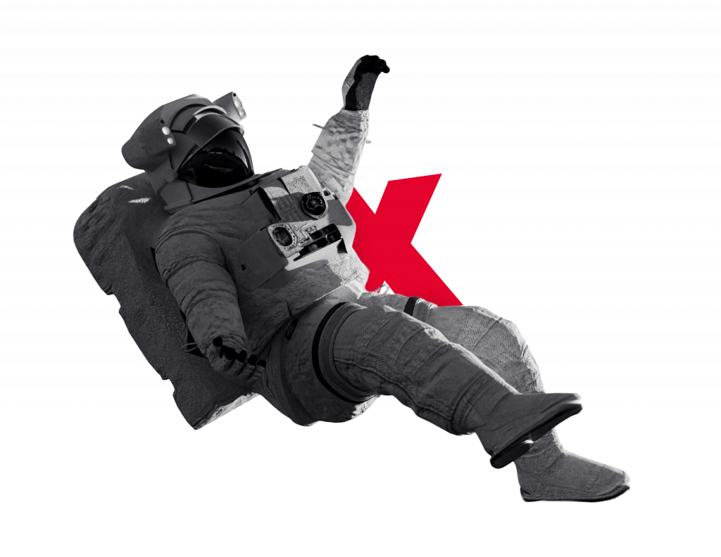 Ein Astronaut in Graustufen schwebt im Weltraum mit einer großen roten 