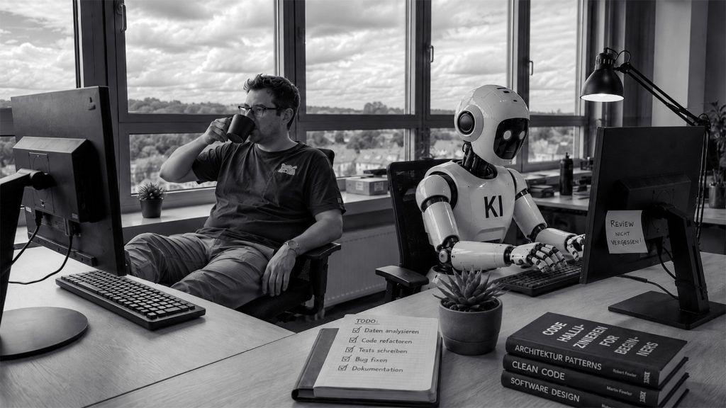 Ein Mann sitzt an einem Schreibtisch und trinkt aus einer Tasse, während neben ihm ein humanoider Roboter am Computer arbeitet. Auf dem Schreibtisch liegen eine To-do-Liste sowie Bücher über Software und Architektur.