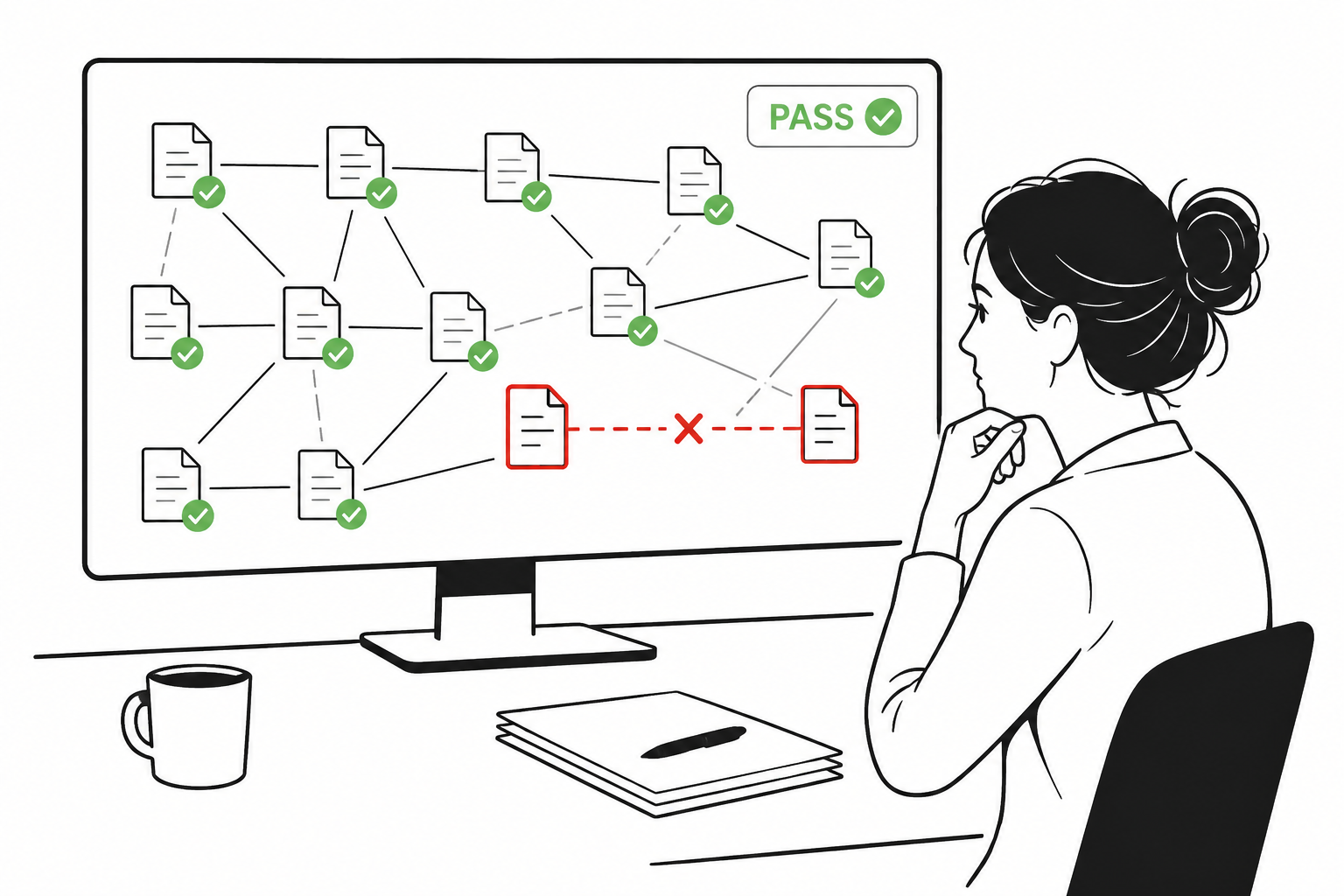 Eine Frau blickt auf einen Computerbildschirm, auf dem ein Diagramm mit miteinander verknüpften Dokumenten zu sehen ist; einige sind mit Häkchen markiert, zwei sind rot und mit einem X gekennzeichnet, was auf eine Prozessvalidierung mit Fehlern hinweist.