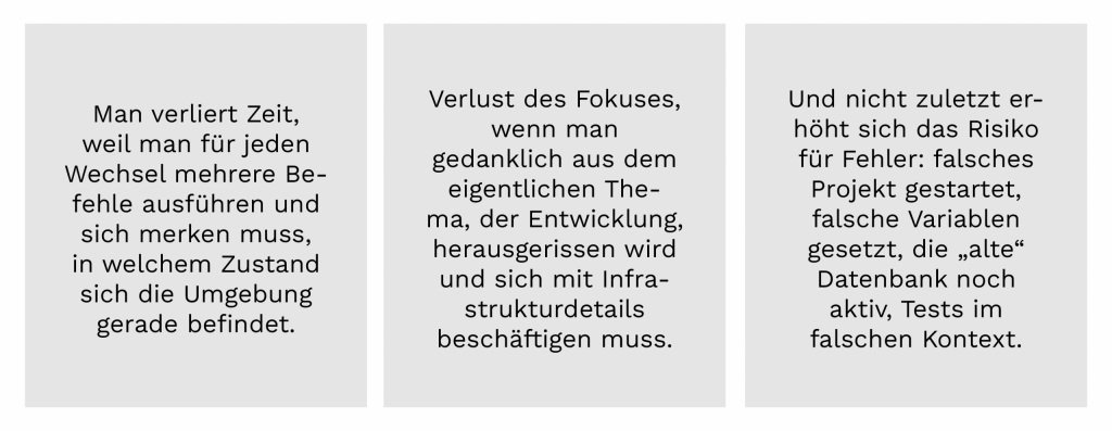 In drei deutschen Textfeldern werden die Nachteile erläutert: Zeitverlust beim Wechseln zwischen Befehlen, Fokusverlust durch Kontextwechsel und erhöhtes Fehlerrisiko durch die Arbeit im falschen Systemzustand.