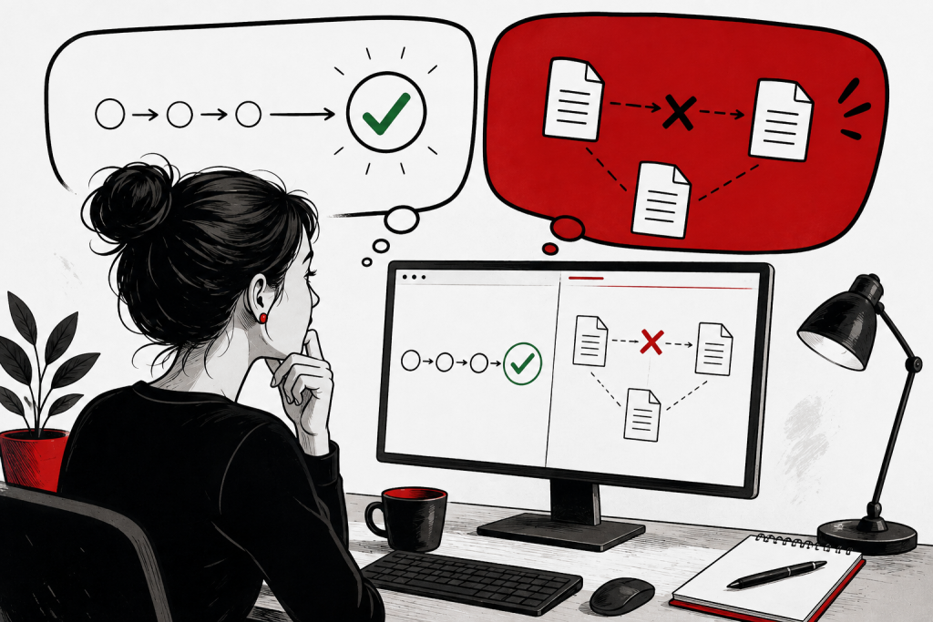 Eine Frau sitzt an einem Schreibtisch und studiert Diagramme auf einem Computer, die den korrekten und den falschen Bearbeitungsablauf von Dokumenten zeigen; über ihrem Kopf sind entsprechende Gedankenblasen zu sehen.