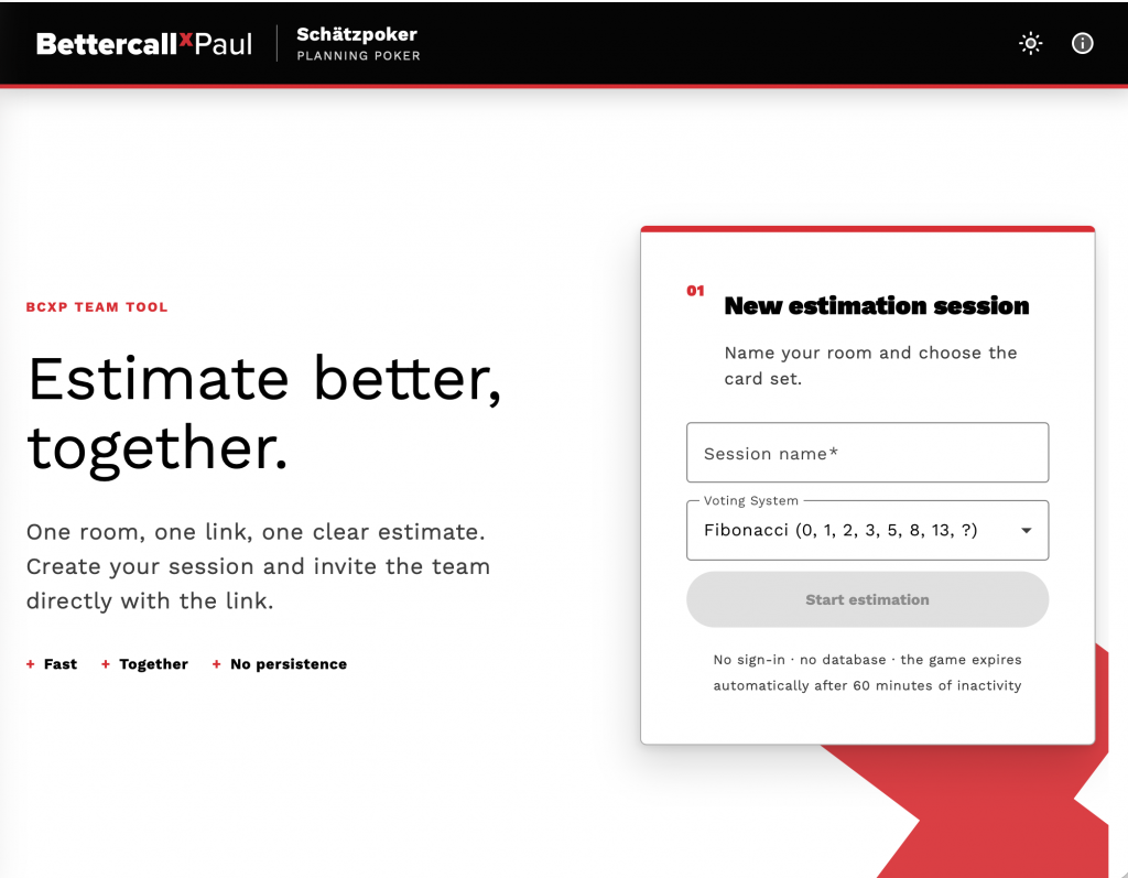 Screenshot eines Online-Planning-Poker-Tools, das ein Formular zur Einrichtung einer Sitzung und die Überschrift „Gemeinsam besser einschätzen“ zeigt, mit Optionen zur Benennung der Sitzung und zur Auswahl des Abstimmungssystems.