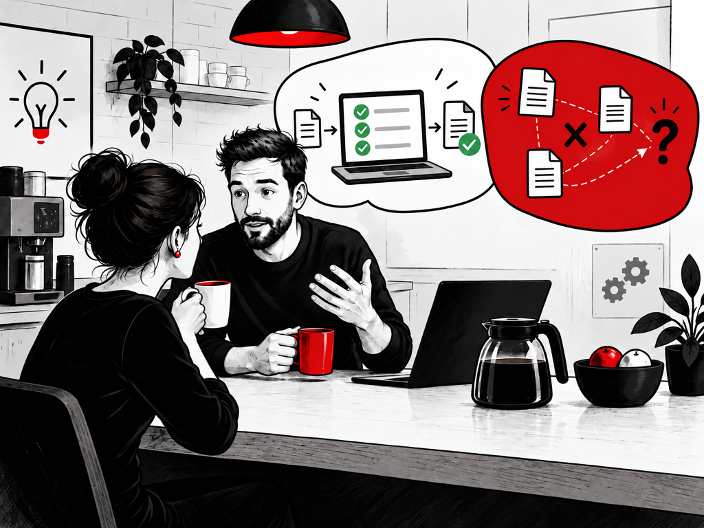 Ein Mann und eine Frau unterhalten sich an einem Tisch; in Sprechblasen wird ein effizienter digitaler Arbeitsablauf im Vergleich zu einem unübersichtlichen, fehlerhaften Prozess dargestellt.