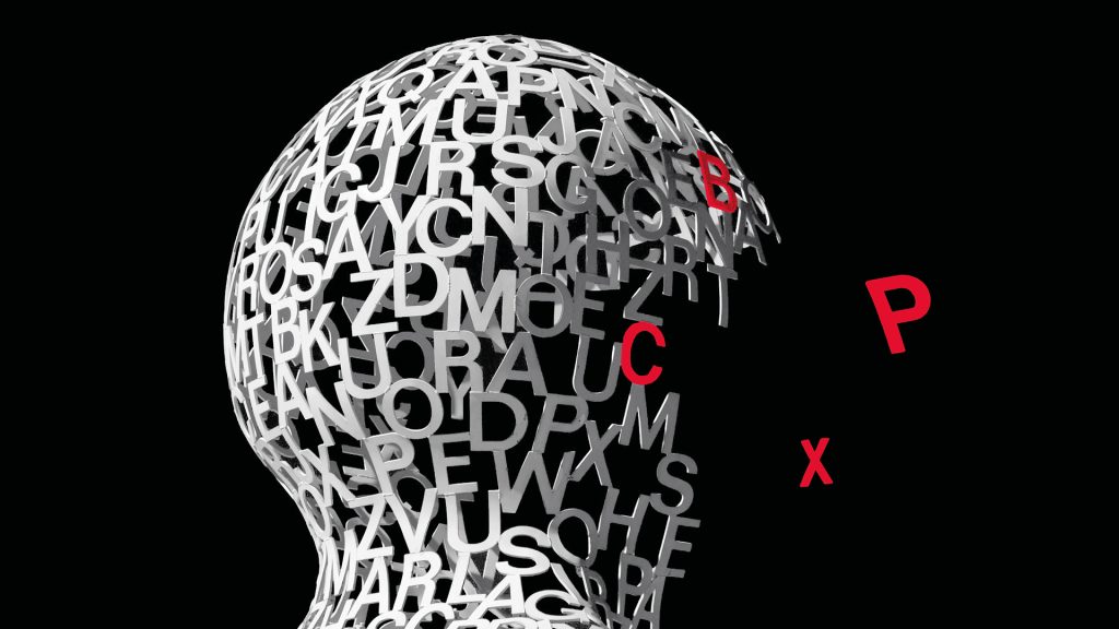 Eine 3D-Darstellung eines menschlichen Kopfes aus weißen Buchstaben; die roten Buchstaben B, C, X und P sind voneinander getrennt und schweben vor dem Gesicht auf schwarzem Hintergrund.