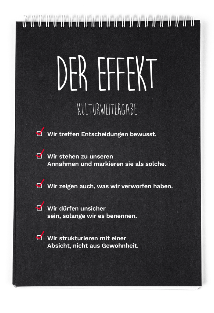 Ein schwarzes Spiralheft mit dem Titel „DER EFFEKT“, auf dessen Einband fünf mit Häkchen versehene Aussagen über Entscheidungsfindung und kulturelle Weitergabe in deutscher Sprache stehen.