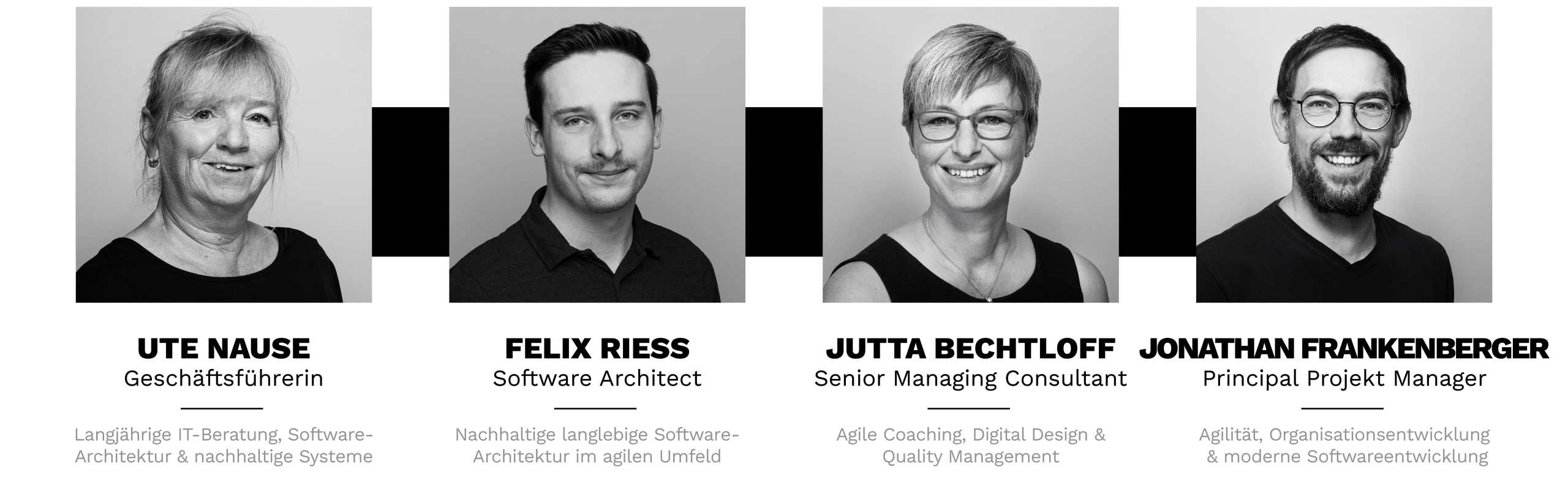 Schwarz-Weiß-Porträts und Berufsbezeichnungen von vier Teammitgliedern: Ute Nause, Felix Riess, Jutta Bechtloff und Jonathan Frankenberger.